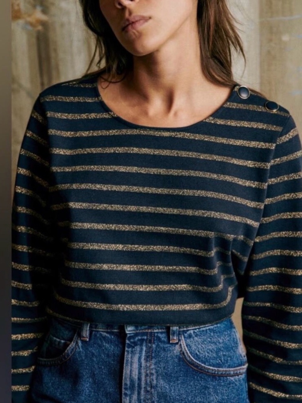 Sezane Colette Top Womens M Navy Blue Gold Striped Long Sleeve Cotton Shirt